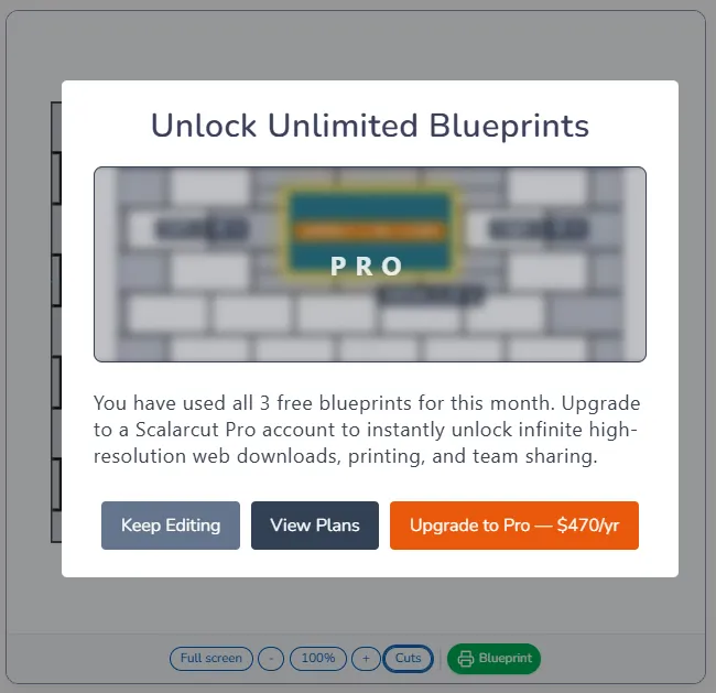 Professional blueprint limit dialog