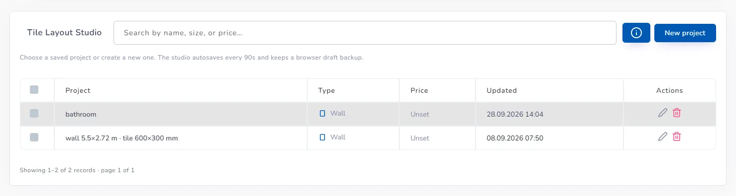 Projects list with search, New project button and two saved projects