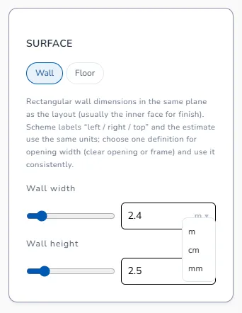Surface tab: Wall selected, Wall width and Wall height, unit menu open