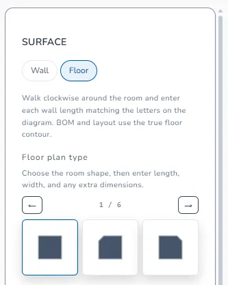 Surface tab: Floor selected, Floor plan type shapes