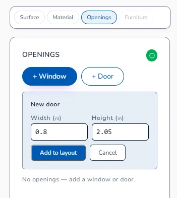 Openings tab: New door draft with Width 0.8 and Height 2.05, Add to layout button