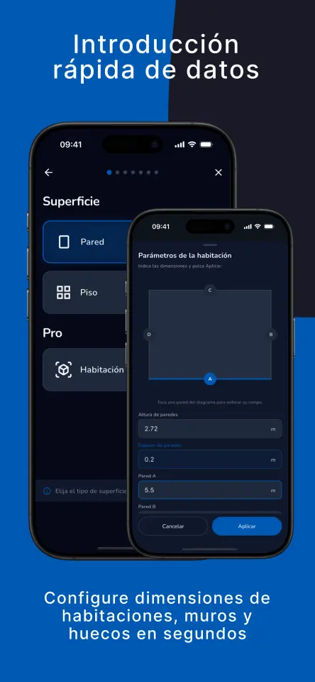 Introducción rápida de datos. Configure dimensiones de habitaciones, muros y huecos en segundos